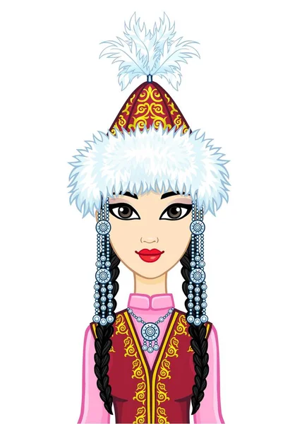 Asian Beauty Animation Portrait Beautiful Girl Ancient National Cap Jewelry — Stock Vector