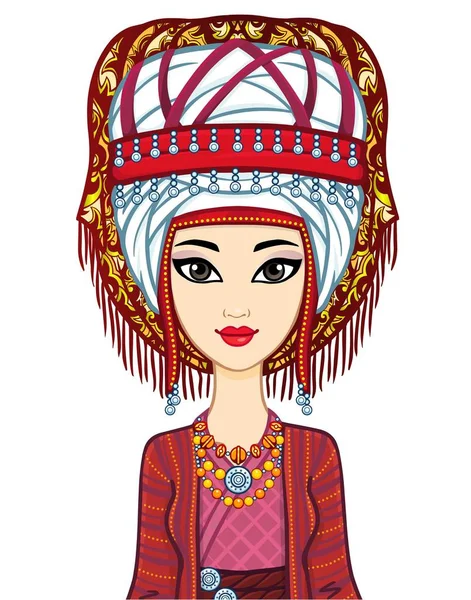 Asian Beauty Animation Portrait Beautiful Girl Ancient National Turban Married — 스톡 벡터