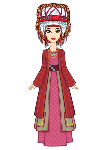 亚洲之美 一个身穿古代民族服装和头巾的漂亮女孩的动画肖像 已婚女人的头饰 全面增长 矢量图解孤立 白人背景 — 图库矢量图片