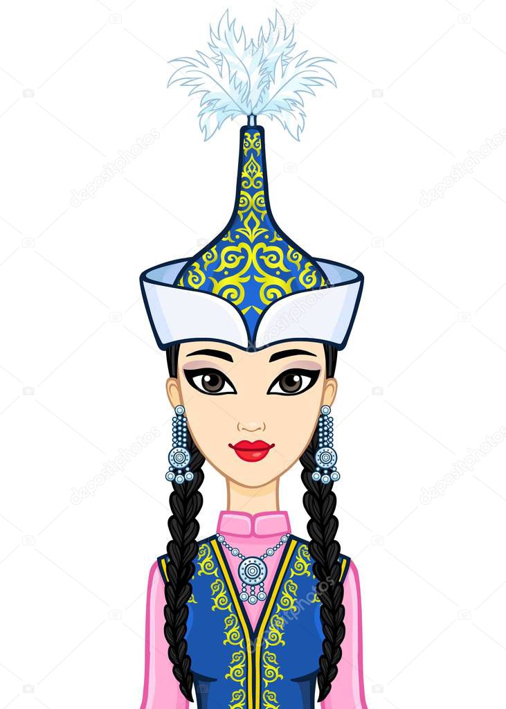 Asian beauty. Animation portrait of a beautiful girl in ancient national cap and jewelry. Central Asia. Vector illustration isolated on a white background. Print, poster, t-shirt, card.