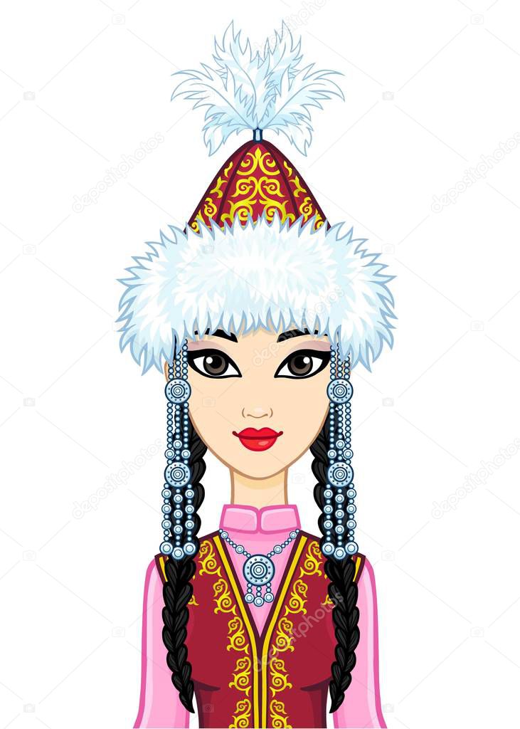 Asian beauty. Animation portrait of a beautiful girl in ancient national cap and jewelry. Central Asia. Vector illustration isolated on a white background. Print, poster, t-shirt, card.