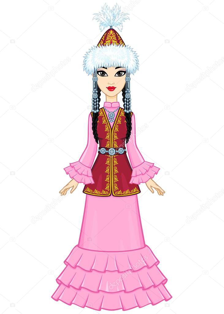 Asian beauty. Animation portrait of a beautiful girl in ancient national cap and jewelry. Full growth. Central Asia. Vector illustration isolated on a white background. 