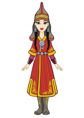 Asyalı güzellik. Antik milli şapkalı ve mücevherli güzel bir kız askerin animasyon portresi. Tam gelişim. Orta Asya. Beyaz arkaplanda izole edilmiş vektör illüstrasyonu. 