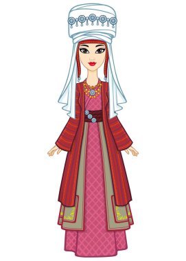 Asyalı güzellik. Antik ulusal kostüm ve türbanlı güzel bir kızın animasyon portresi. Evli bir kadının başlığı. Tam gelişim. Orta Asya. Vektör illüstrasyonu izole edildi. Beyaz arkaplan. 