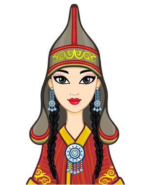 Asyalı güzellik. Antik milli şapkalı ve mücevherli güzel bir kızın animasyon portresi. Orta Asya. Vektör illüstrasyonu izole edildi. Yazdır, poster, tişört, kart.