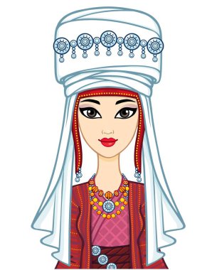 Asyalı güzellik. Antik ulusal türbanlı güzel bir kızın animasyon portresi. Evli bir kadının başlığı. Orta Asya. Vektör illüstrasyonu izole edildi. Beyaz arka plan. Yazdır, poster, tişört, kart.