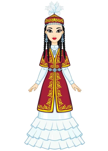 Asian Beauty Animation Portrait Beautiful Girl Ancient National Cap Jewelry — 스톡 벡터