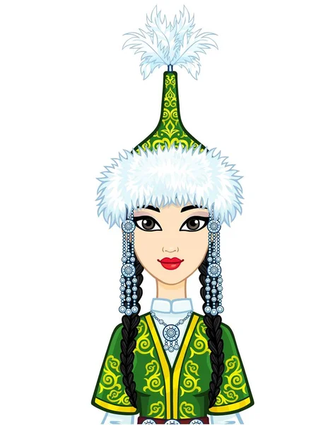 Belleza Asiática Retrato Animación Una Hermosa Niña Antigua Gorra Nacional — Vector de stock