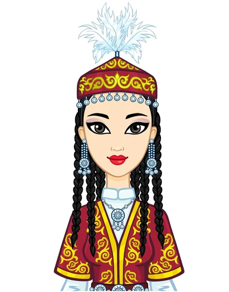 Asian Beauty Animation Portrait Beautiful Girl Ancient National Cap Jewelry — 스톡 벡터