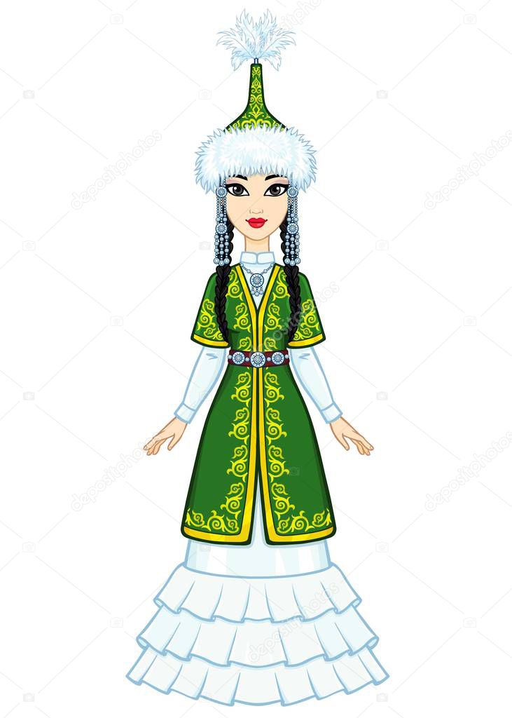 Asian beauty. Animation portrait of a beautiful girl in ancient national cap and jewelry. Full growth. Central Asia. Vector illustration isolated on a white background. 