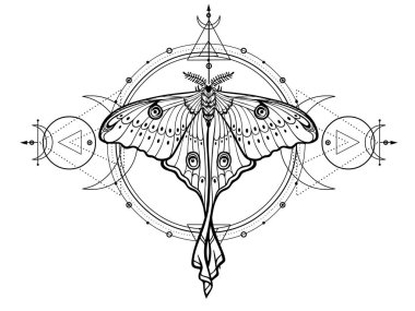 Mistik çizim: Tropikal kelebek, kutsal geometri, ay evreleri, enerji çemberleri. Simya, sihir, ezoterik, okültizm. Tek renkli Vektör İllüstrasyonu beyaz arkaplanda izole edildi