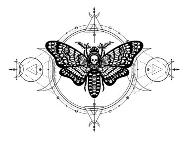 Mistik çizim: güve ölü kafa, kutsal geometri, ay evreleri, enerji çemberleri. Simya, sihir, ezoterik, okültizm. Tek renkli Vektör İllüstrasyonu beyaz arkaplanda izole edildi