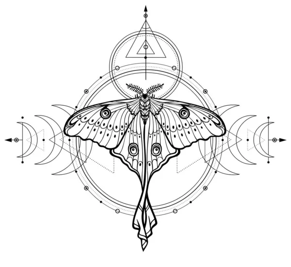 Dibujo Místico Mariposa Tropical Geometría Sagrada Fases Lunares Círculos Energéticos — Vector de stock