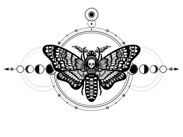 Мистический рисунок: мертвая голова мотылька, священная геометрия, фазы луны, энергетические круги. Алхимия, магия, эзотерика, оккультизм. Монохромная векторная иллюстрация на белом фоне
