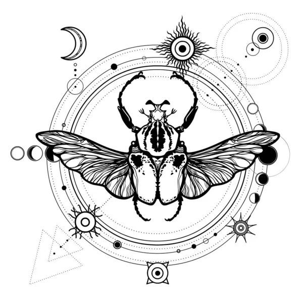 Dibujo Místico Insecto Goliat Fases Luna Órbitas Planetas Círculo Energía — Vector de stock