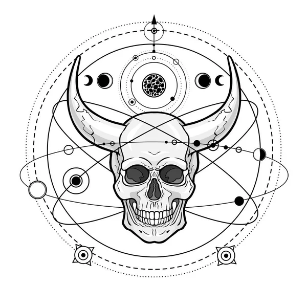 Mystical Drawing Horny Human Skull Surrounds Orbits Planets Cosmic Symbols — 스톡 벡터