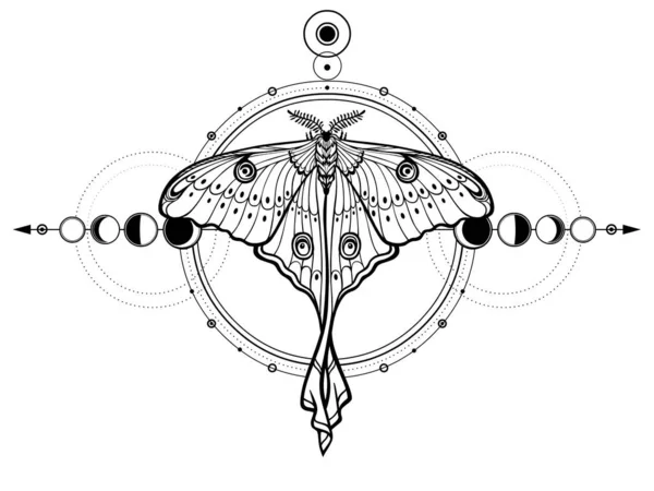 Black Ink Geometric Moth With Half Moon Tattoo Design By Amber Jane