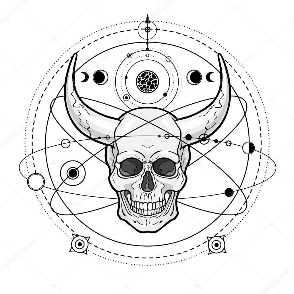 Mystical drawing: Horny human skull surrounds the orbits of planets, cosmic symbols. Alchemy, magic, esoteric, occultism. Monochrome vector illustration isolated on white background.