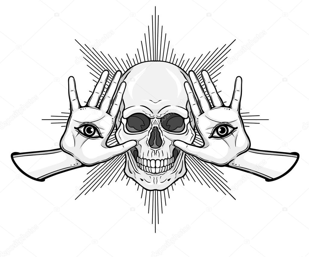 Mystical drawing: Human skull, women 's hands, all-seeing eye. Alchemy, magic, esoteric, occultism. Monochrome vector illustration isolated on white background. Print, poster, T-shirt, card. 