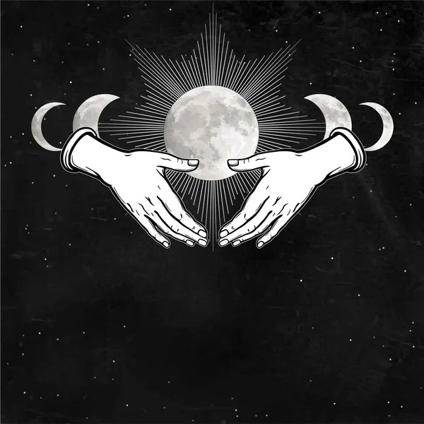 Mystical Drawing Woman Hands Hold Moon Alchemy Magic Esoteric Occultism — 스톡 벡터