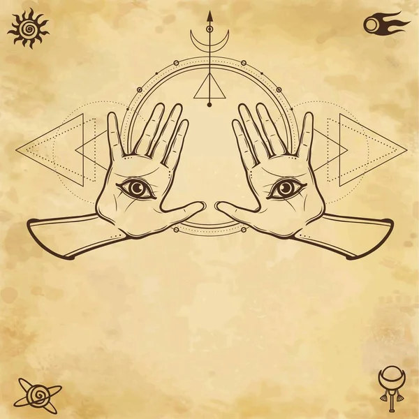 Mistyczny Rysunek Kobiece Dłonie Wszech Widzące Oko Święta Geometria Alchemia — Wektor stockowy