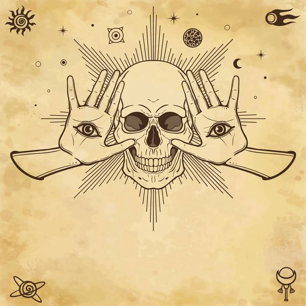 Mystical Drawing Human Skull Female Hands All Seeing Eye Alchemy — Stock Vector