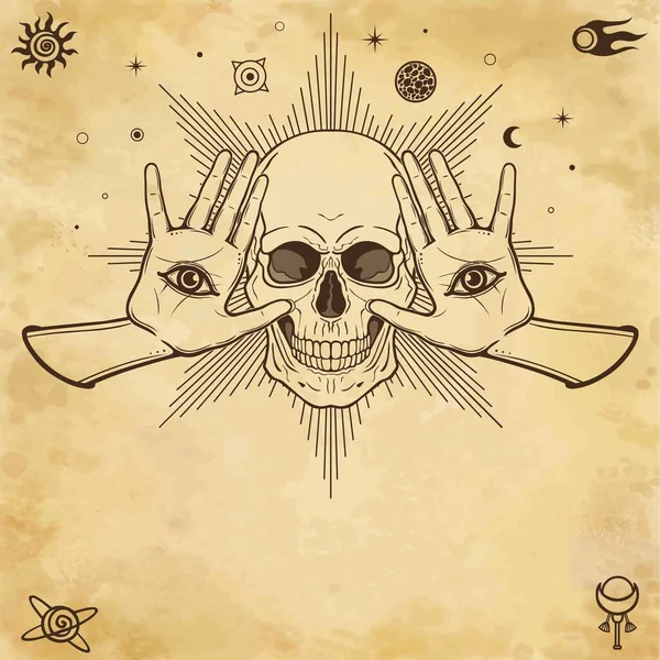 Mystical Drawing Human Skull Female Hands All Seeing Eye Alchemy — 스톡 벡터