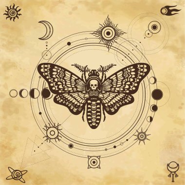 Mistik çizim: Ölü Kafa, Ay evreleri, gezegenlerin yörüngeleri, enerji çemberi. Kutsal geometri. Simya, sihir, ezoterik, okültizm. Geçmişi, eski kağıtların taklidi. Vektör İllüstrasyonu.