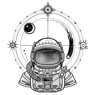 Monochrome drawing: animation Astronaut in a space suit, cosmic symbols. Vector illustration isolated on a white background. Print, poster, t-shirt, card.