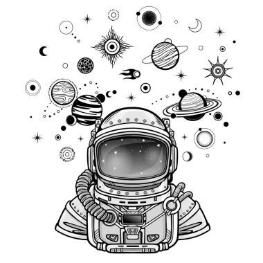 Monochrome drawing: animation Astronaut in a space suit. Planets of the solar system, space symbols. Vector illustration isolated on a white background. Print, poster, t-shirt, card.