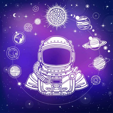 Animation drawing: Astronaut in a space suit. Planets of the solar system, space symbols. Vector illustration. Background - night star sky. Print, poster, t-shirt, card.