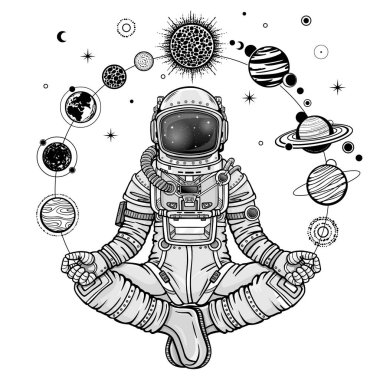 Monochrome drawing: animation Astronaut in a space suit holds planets of the solar system. Vector illustration isolated on a white background. Print, poster, t-shirt, card.