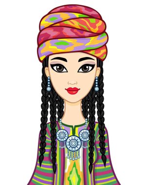 Asyalı güzellik. Antik milli şapkalı ve mücevherli güzel bir kızın animasyon portresi. Orta Asya. Beyaz arkaplanda izole edilmiş vektör illüstrasyonu. Yazdır, poster, tişört, kart