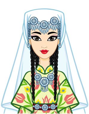 Asyalı güzellik. Antik milli şapkalı ve mücevherli güzel bir kızın animasyon portresi. Orta Asya. Beyaz arkaplanda izole edilmiş vektör illüstrasyonu. Yazdır, poster, tişört, kart