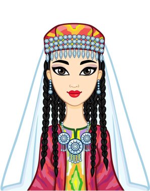 Asyalı güzellik. Antik milli şapkalı ve mücevherli güzel bir kızın animasyon portresi. Orta Asya. Beyaz arkaplanda izole edilmiş vektör illüstrasyonu. Yazdır, poster, tişört, kart