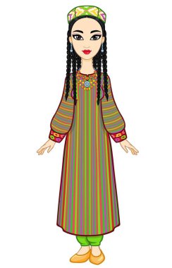 Asian beauty. Animation portrait of a beautiful girl in ancient national clothes and jewelry. Central Asia. Full growth. Vector illustration isolated. White background. 
