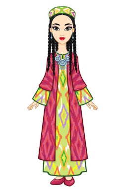 Asian beauty. Animation portrait of a beautiful girl in ancient national clothes and jewelry. Central Asia. Full growth. Vector illustration isolated. White background. 