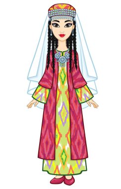 Asian beauty. Animation portrait of a beautiful girl in ancient national clothes and jewelry. Central Asia. Full growth. Vector illustration isolated. White background. 