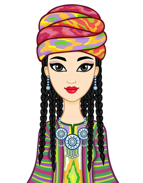 亚洲之美 一个戴着古代民族帽和珠宝的漂亮女孩的动画肖像 在白色背景上孤立的向量图解 — 图库矢量图片