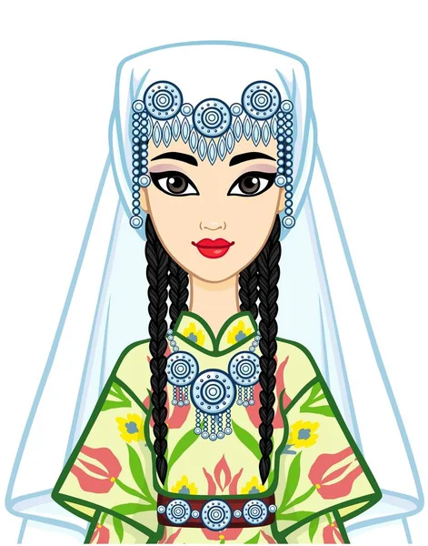 Asian Beauty Animation Portrait Beautiful Girl Ancient National Cap Jewelry — Stock Vector