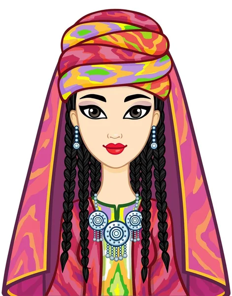 Asyalı güzellik. Antik milli şapkalı ve mücevherli güzel bir kızın animasyon portresi. Orta Asya. Beyaz arkaplanda izole edilmiş vektör illüstrasyonu. Yazdır, poster, tişört, kart