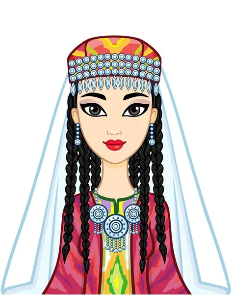 Asijská Krása Animace Portrét Krásné Dívky Starověké Národní Čepici Šperky — Stockový vektor