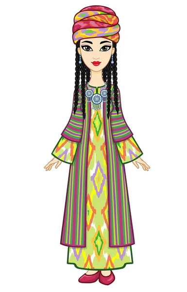Beauté Asiatique Portrait Animation Une Belle Fille Vêtements Bijoux Nationaux — Image vectorielle