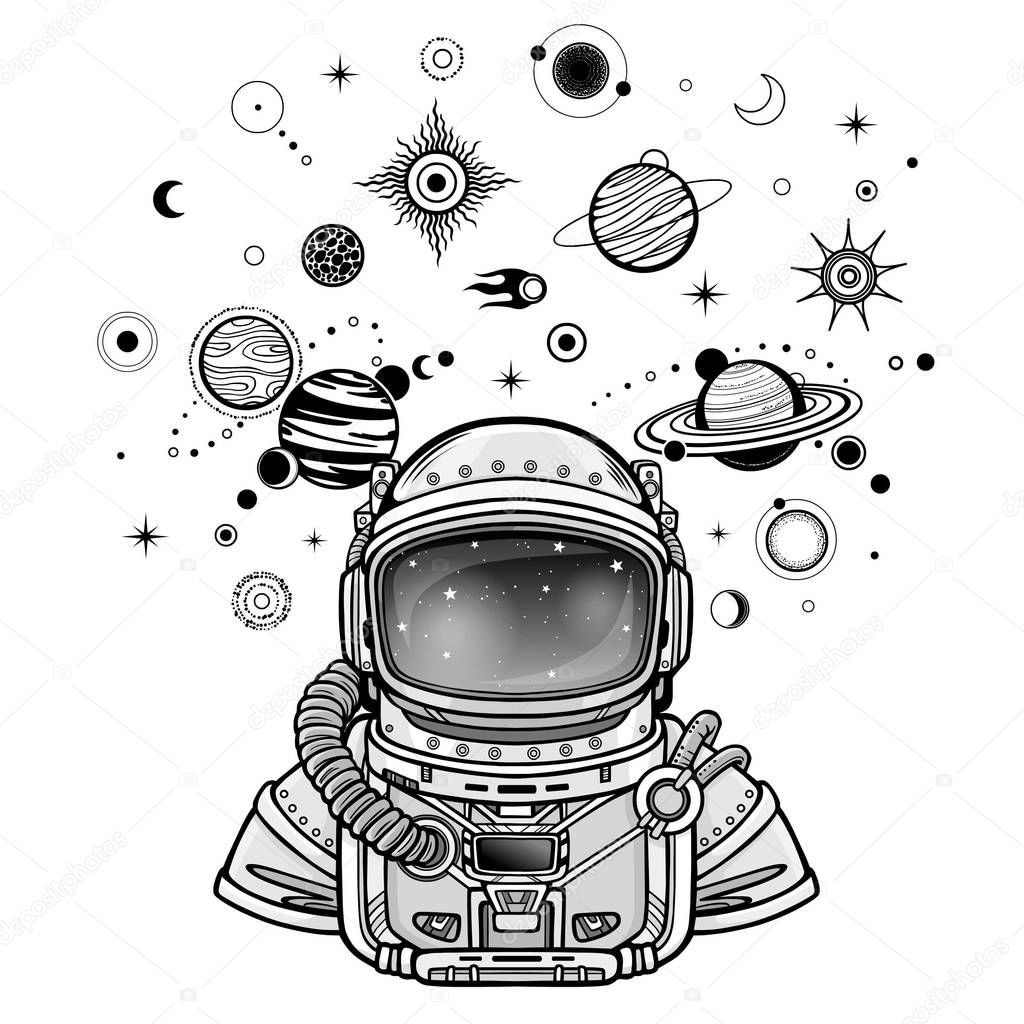 Monochrome drawing: animation Astronaut in a space suit. Planets of the solar system, space symbols. Vector illustration isolated on a white background. Print, poster, t-shirt, card.