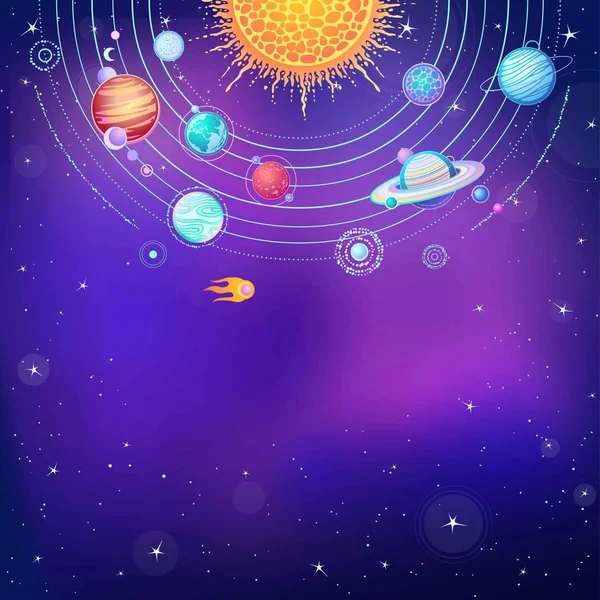 Sistema Solar Animación Ilustración Vectorial Fondo Cielo Estrellado Nocturno Lugar — Vector de stock