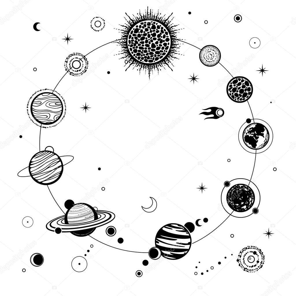 Animation solar system. Monochrome vector illustration on a white background.