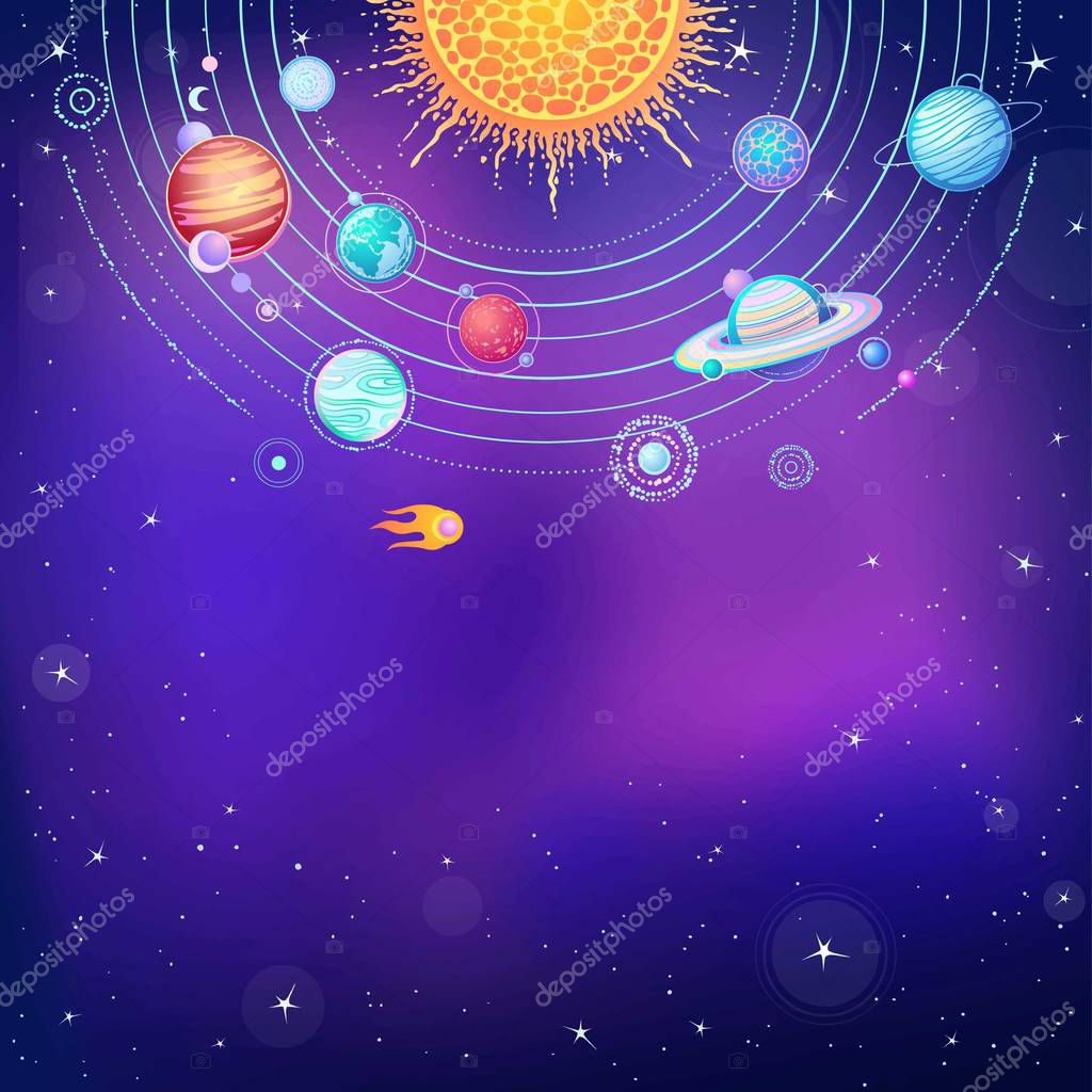 Animation solar system. Vector illustration. Background - night star sky. place for the text.