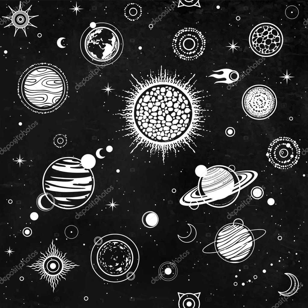 Seamless background: Cartoon planets of solar system. Space symbols. Monochrome vector illustration.