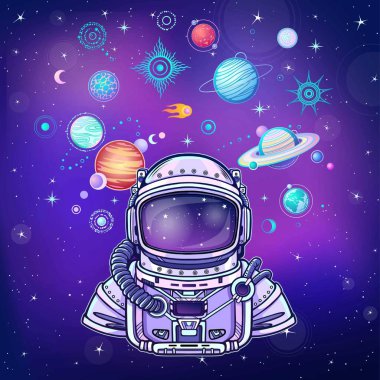 Uzay giysisi içindeki animasyon astronotu, güneş sistemi gezegenleri. Vektör çizimi. Arkaplan - Gece Yıldızı gökyüzü.