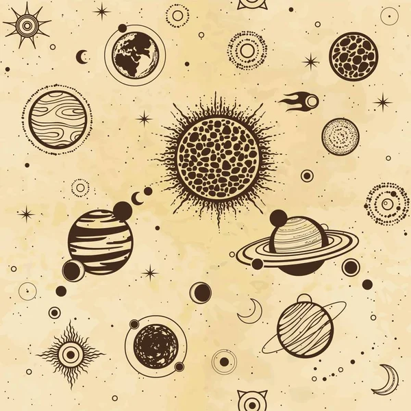 Fondo Sin Fisuras Planetas Dibujos Animados Del Sistema Solar Símbolos — Archivo Imágenes Vectoriales